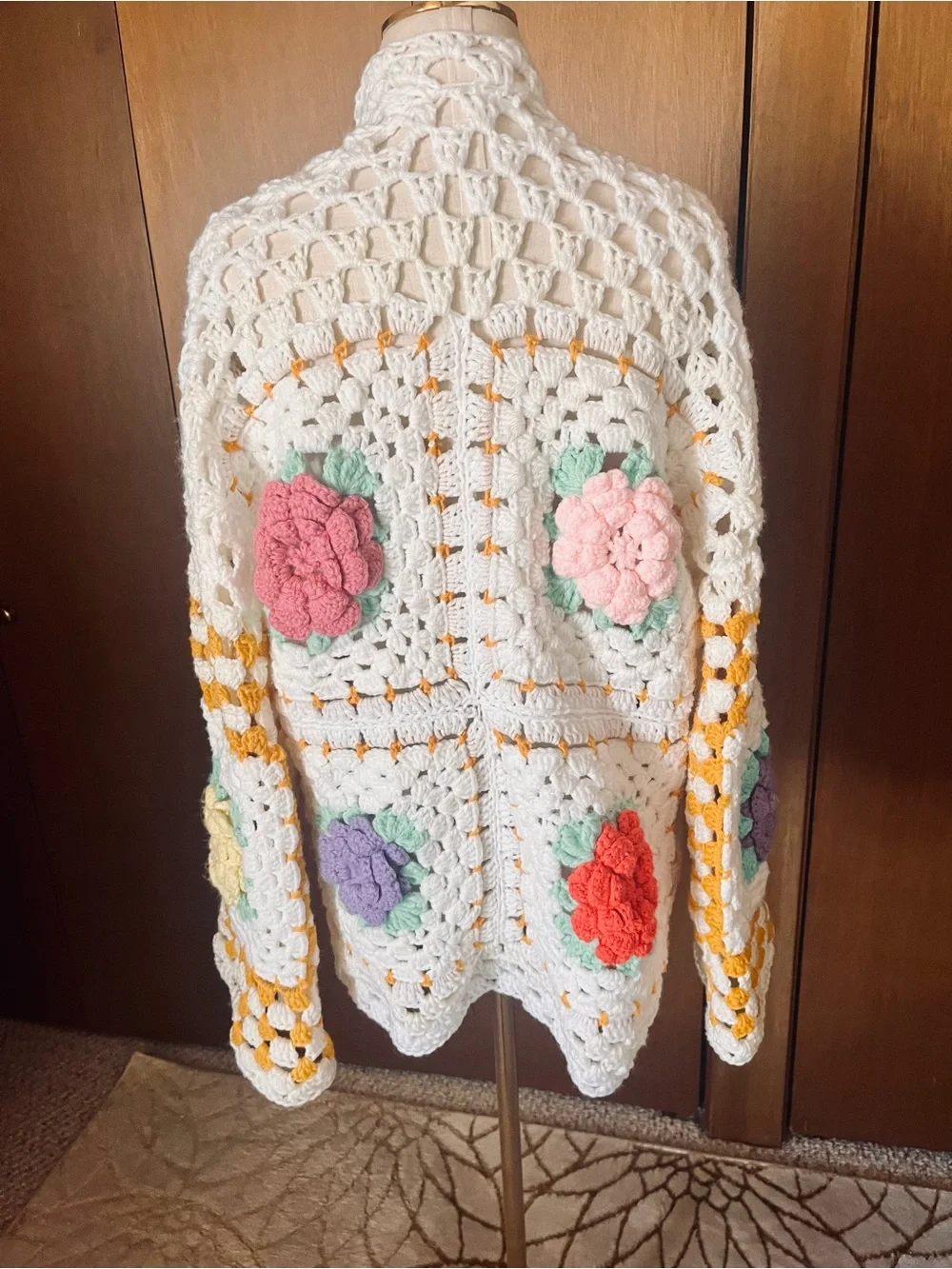 Adorable Handmade White Crochet Floral Cardigan Sweater - Picture 3 of 6